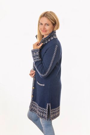 Pezzo D'oro Damenstrickmantel,nachtblau,Strick mit Jacquardbordüre,Doppelstrick,made in Bayern Speichern exportieren