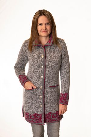 Pezzo D'oro Pezzo D&#039;oro Damenstrickmantel,Grautöne mit dunkelpinken Akzenten, nachhaltig produziert,made in Bayern, Merinowolle Online