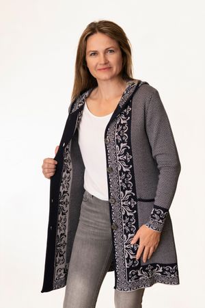 Pezzo D'oro Art en Laine Strickmantel,Gehrock mit Kapuze,Merinowolle,made in Bayern,marine/grau Meist gekauft