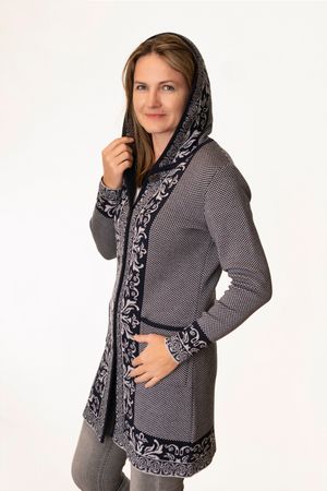 Pezzo D'oro Art en Laine Strickmantel,Gehrock mit Kapuze,Merinowolle,made in Bayern,marine/grau Meist gekauft