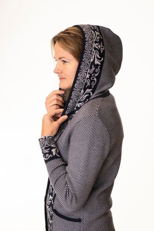 Pezzo D'oro Art en Laine Strickmantel,Gehrock mit Kapuze,Merinowolle,made in Bayern,marine/grau Meist gekauft