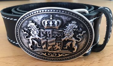 Pezzo D'oro Bayern-Gürtel Büffelleder schwarz inkl. Schließe mit Bayern-Wappen altsilber Kostenloser Versand