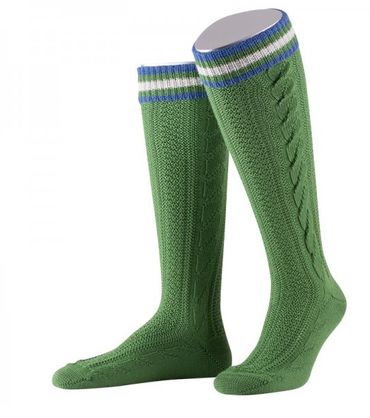 Pezzo D'oro Kniestrumpf mit zwei handgezogenen Zöpfen und Ringel in smaragd/mittelblau/beige
