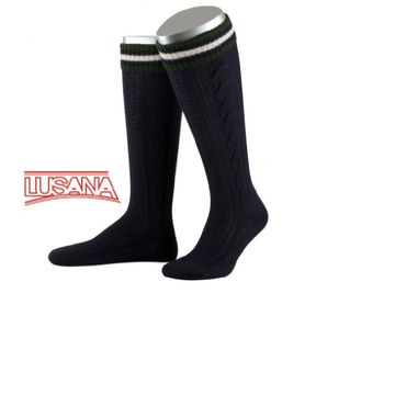 Pezzo D'oro Lusana Trachten-Kniestrümpfe marine mit handgezogenen Zöpfen farbigem Ringelumschlag Black Friday Preise