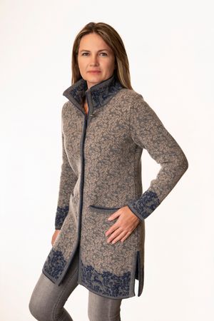 Pezzo D'oro Pezzo D&#039;oro Strickmantel in grau/blau gemustert, reine Wolle, hergestellt in Bayern, dicker warmer Wollmantel für Outdoor Schlussverkauf
