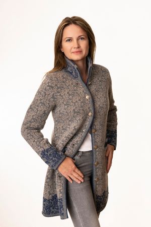 Pezzo D'oro Pezzo D&#039;oro Strickmantel in grau/blau gemustert, reine Wolle, hergestellt in Bayern, dicker warmer Wollmantel für Outdoor Schlussverkauf