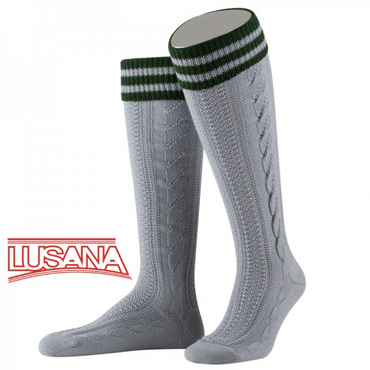 Pezzo D'oro Trachten-Kniestrümpfe für Herren von Lusana in Hellgrau mit Dunkelgrün. Lusana Trachten-Kniestrümpfe L8995R grau, Umschlag mit grün abgesetzt, Online Shopping