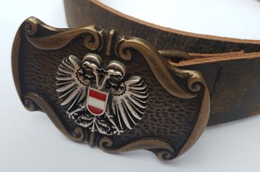 Pezzo D'oro Trachtengürtel Österreichwappen, handgefertigt in Bayern, Antikleder dunkelbraun Weihnachtsangebot