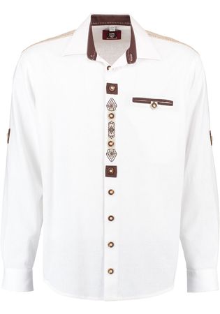 Pezzo D'oro Trachtenhemd Herren, weiß mit traditioneller Stickerei, Leinenoptik, Pattentasche, Leinenbesatz, Langarm Valentinstagsangebot