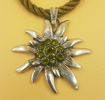 Pezzo D'oro Trachtenkette Edelweiß altsilber,grünes Kordelband und Glitzersteine Lagerräumung